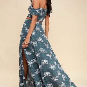 LULU’S TRANCOSO DUSTY BLUE FLORAL PRINT TWO PIECE MAXI DRESS SZ S